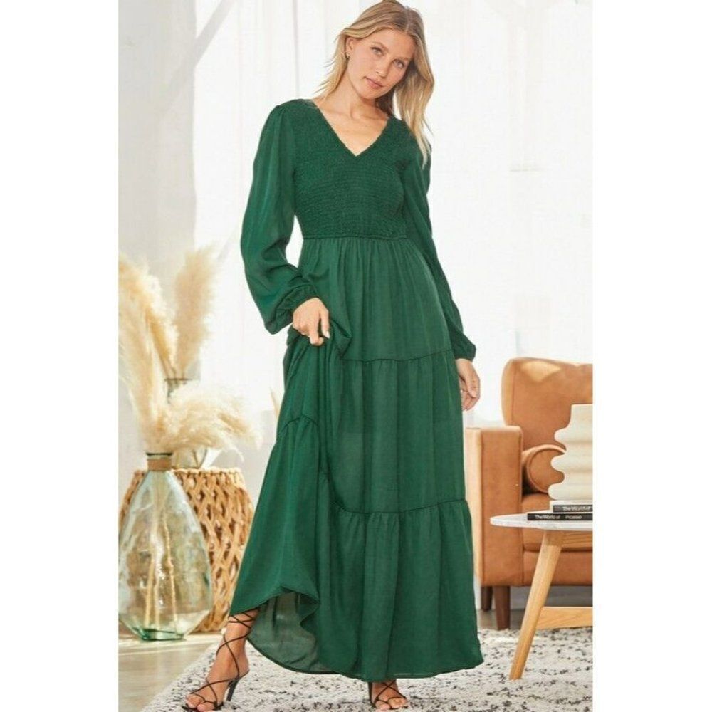 Emerald Estate Smocked Tiered Maxi Dress Long Sleeve V Neck Hunter Green - Picture 4 of 7